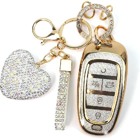 Key Fob Cover With Diamond Keychain Fit For Hyundai Car Key Holder Case Compatible With Hyundai     Sonata Santa Fe Tucson Smart Remote Key