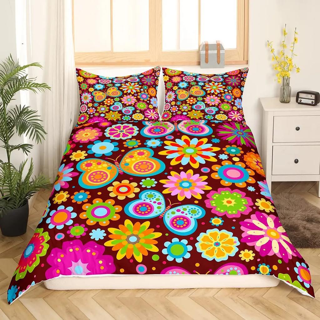 Bettdecke Retro Blumen Aquarell Gelb Floral Grüne Blätter Pflanze Bettdecke Und 2 K Bunter Stil Bettwäsche-Set