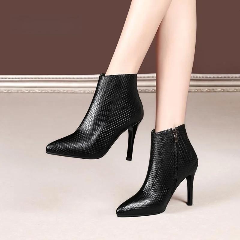 Pumps Luxury Shoes Woman  Leather Poined Toe High Heels Autumn Winter Side Zipper Women's Ankle Boots Free Shipping