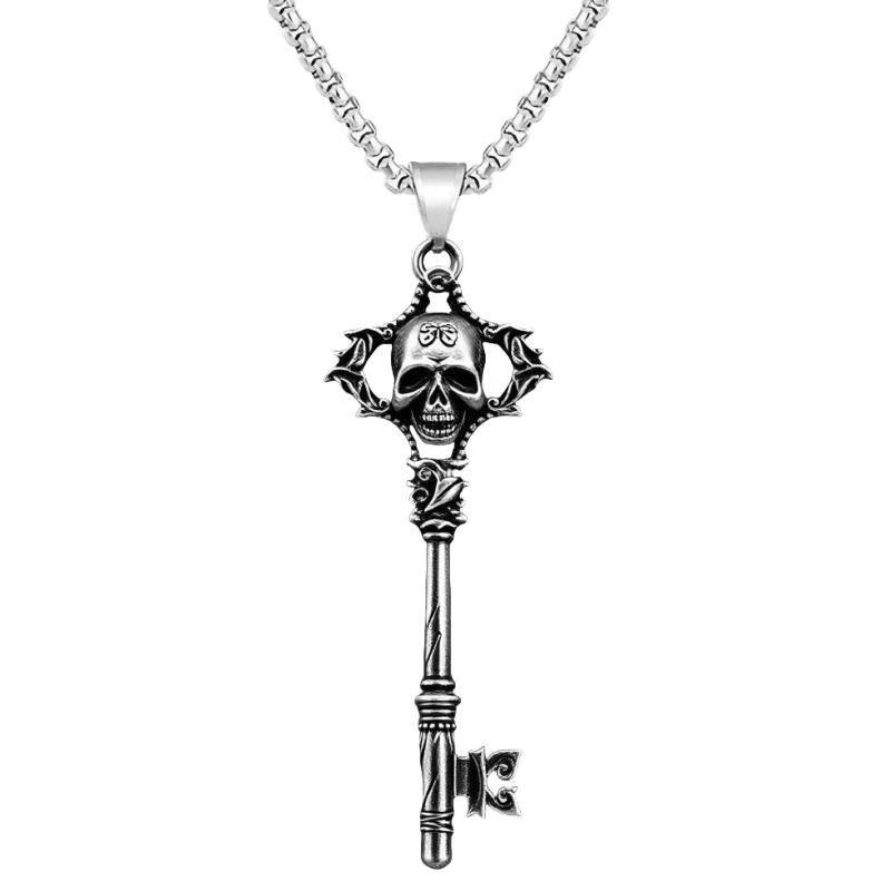 Gothic Antique Silver Skull Key Necklace, Stainless Steel Jewelry