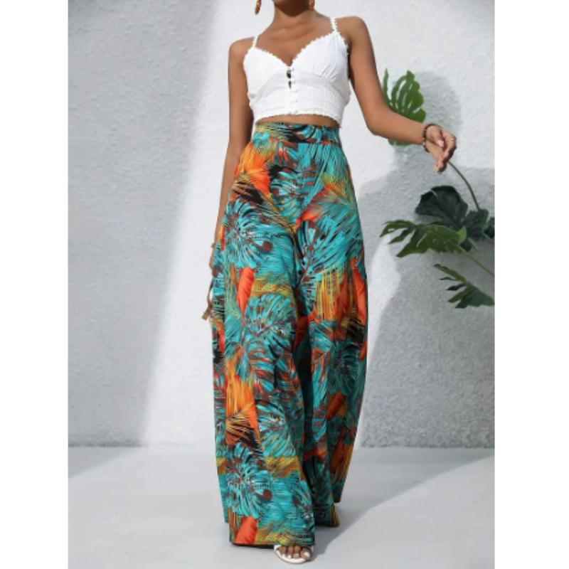 Women's Bohemian Floral Print Wide-Leg Pants High Waist Trousers for Spring and Summer