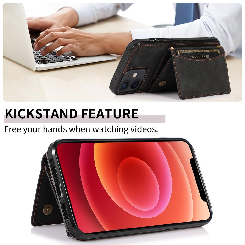 For iPhone 12 Mini 5.4 Inch Case Magnetic Button Tri-fold Wallet Kickstand PU Leather Coated TPU Cover