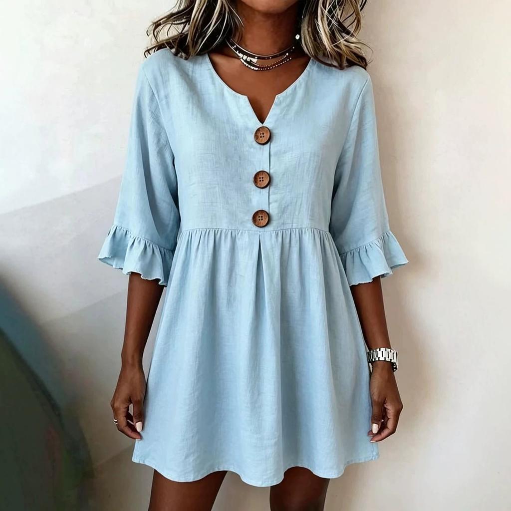 Women's Color V-Neck Half Sleeve Loose Fit Casual Dress for Work Commute