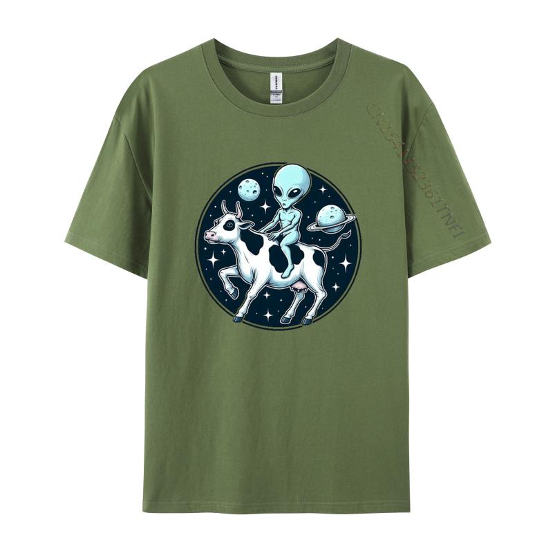 Alien Riding A Cow In Outer Space TShirt Graphic Tshirt Fitness Tight Tshirts Classic Cotton Men Casual
