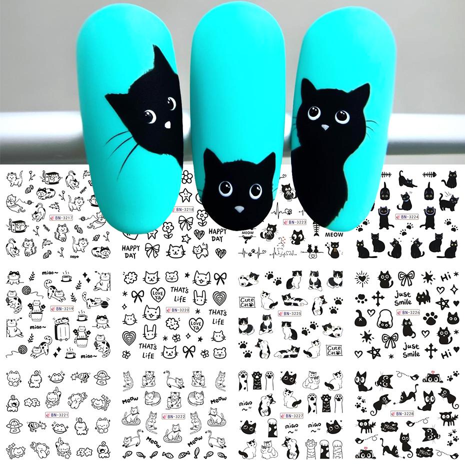 12 Designs Schwarze Katze Nagel Wasser Aufkleber Niedliche Kawaii Cartoon Nagelkunst Abziehbilder Wasserzeichen Transfer Slider Maniküre Dekorationen