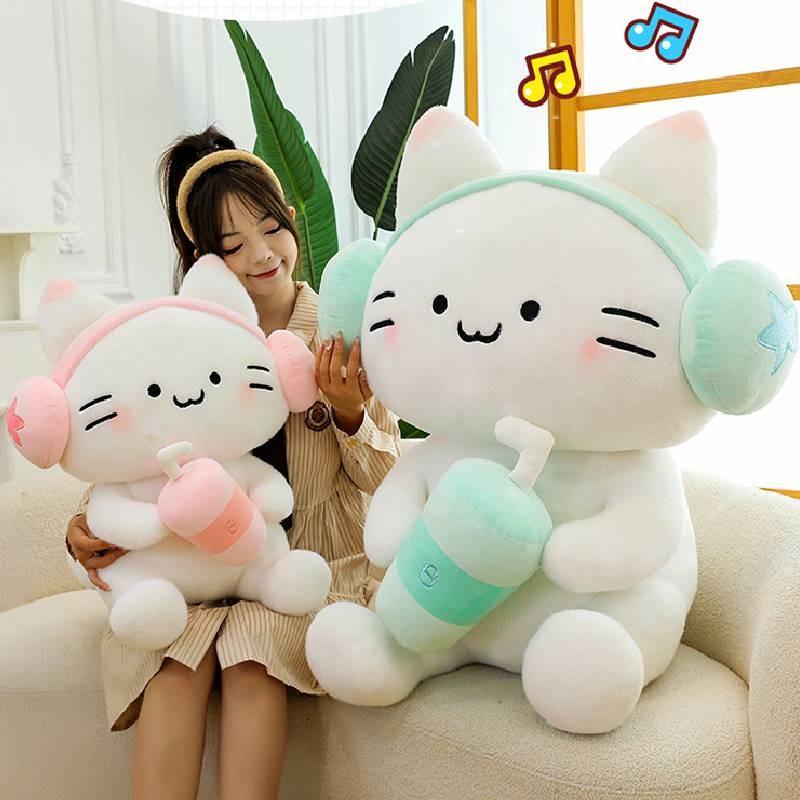 Toys Plush Cat Headset Milky Tea Cartoon Animals Fill Doll Xmas Garnish Gifts