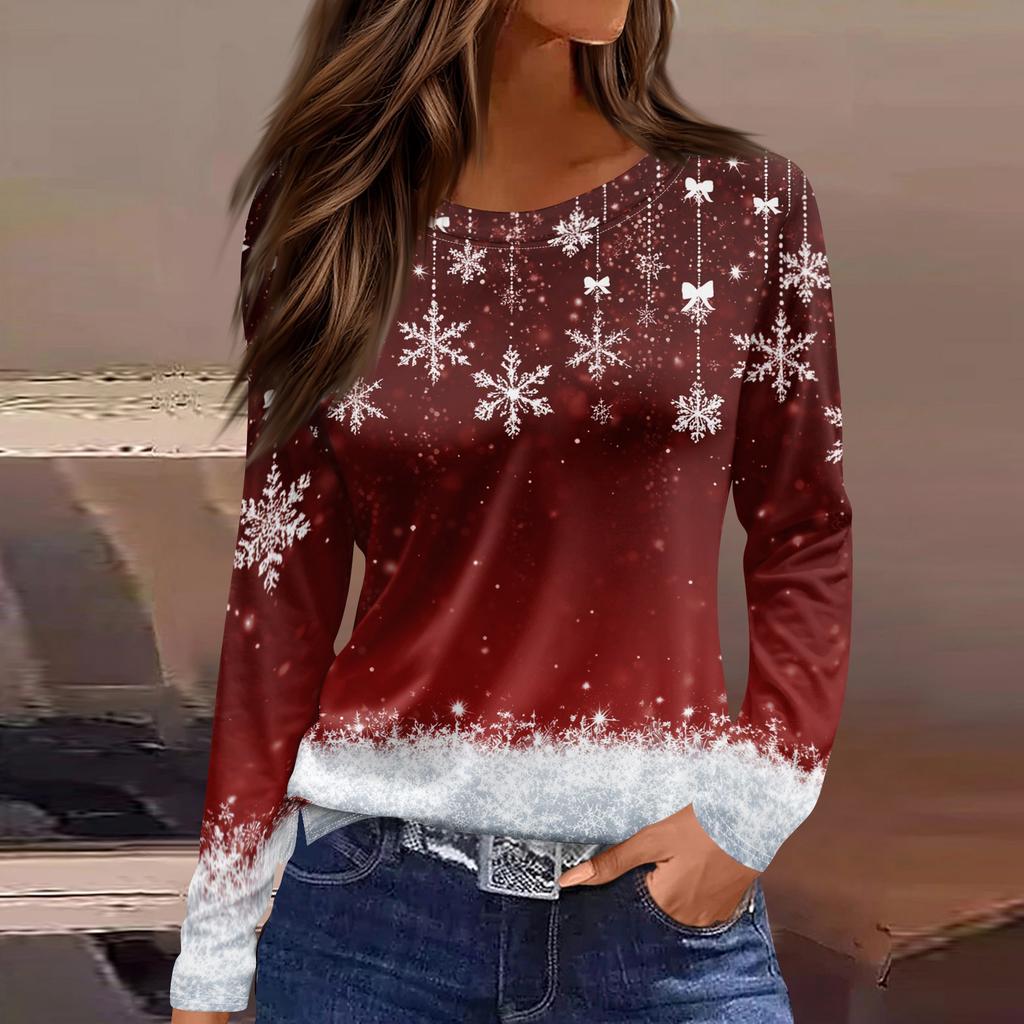 Women's Fashion Casual Slit Hem Round Neck Long Sleeve Loose Printed T-Shirt Ladies Top Christmas