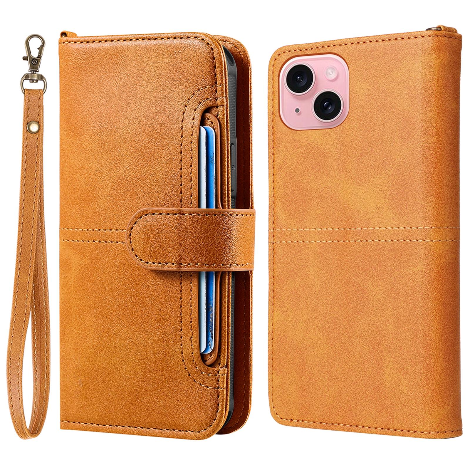 

For iPhone 15 Leather Case with Detachable Wallet and Strap Cell Phone Cover Brown