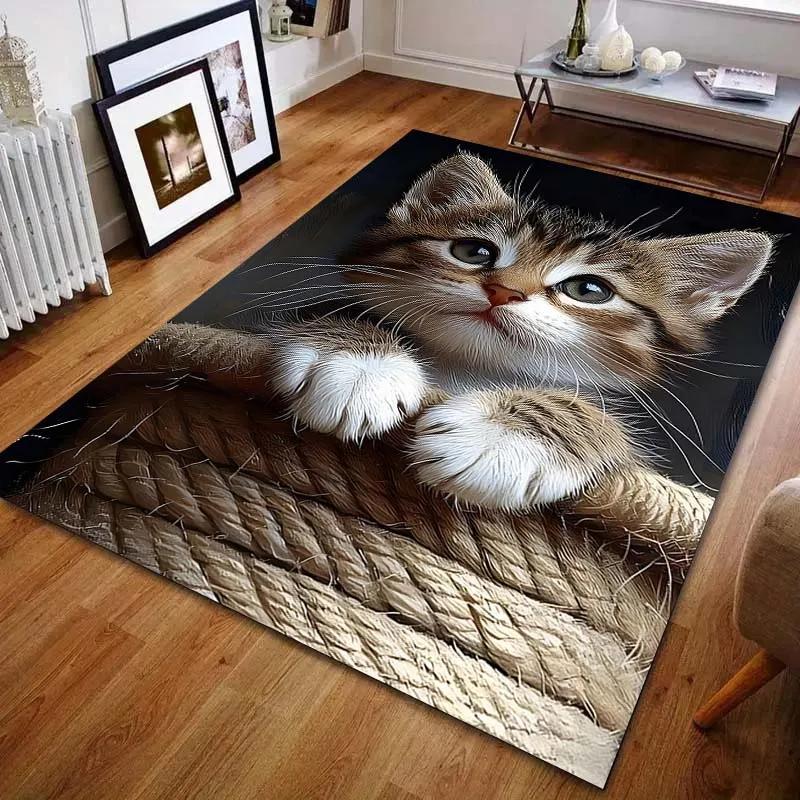 Alfombras con Patrón de Gatito Lindo 3D para Dormitorio, Sala de Estar, Sofá, Estudio, Yoga, Alfombra Antideslizante, Tamaños Múltiples Opcionales, Envío al Día Siguiente