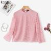ZANZEA Women Casual Round Neck 3/4 Sleeve Lace Patchwork Blouse