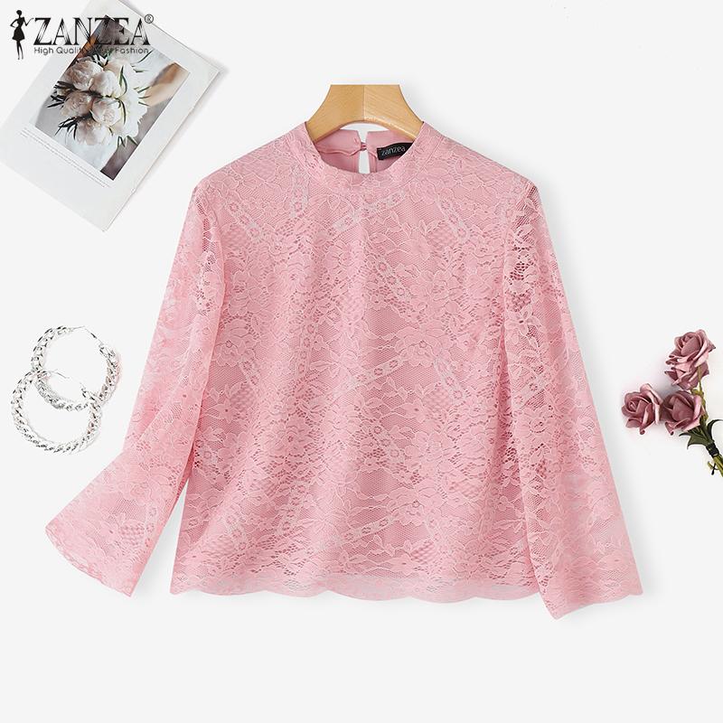 ZANZEA Women Casual Round Neck 3/4 Sleeve Lace Patchwork Blouse