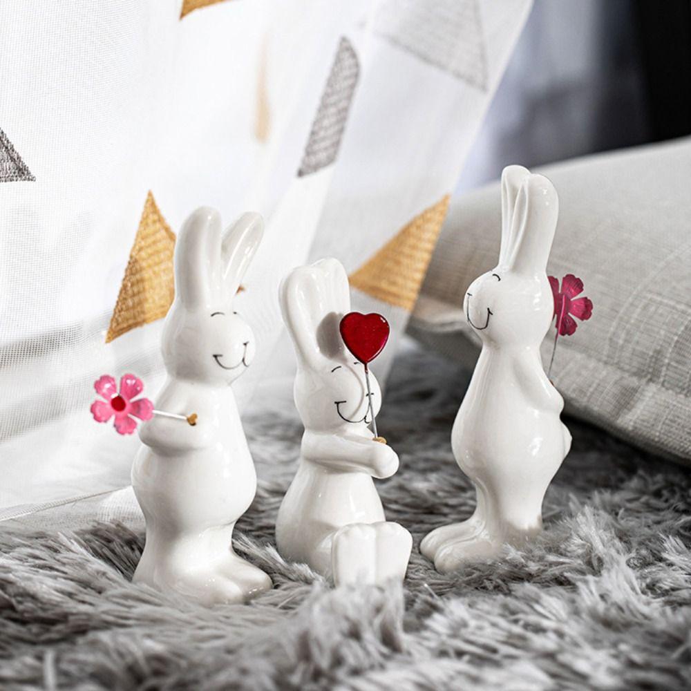 3pcs Ceramic Couple Rabbit Figurine Handicraft Bunny Statue White Rabbit Ornament Bedroom