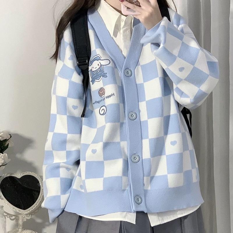 Oversized Women Knitted Cardigan Checkerboard JK Sweater Jacket Autumn Top