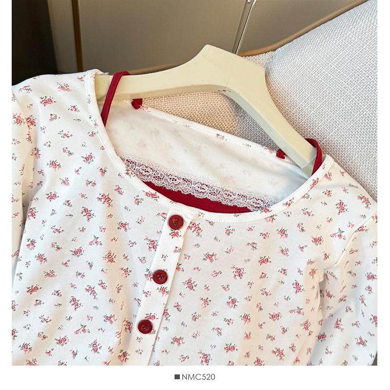 Women's Floral Button-Up Two-Piece-Style Long-Sleeve Slim Fit Top