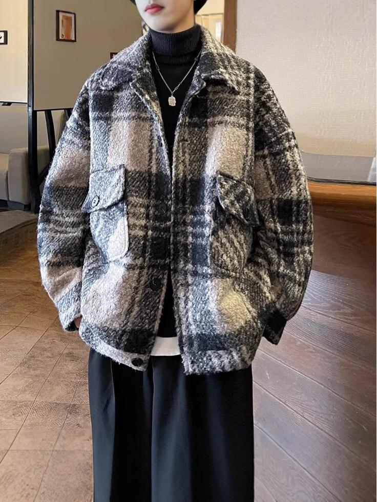 Unisex Retro Plaid Woolen Long-Sleeve Shirt Jacket for Autumn