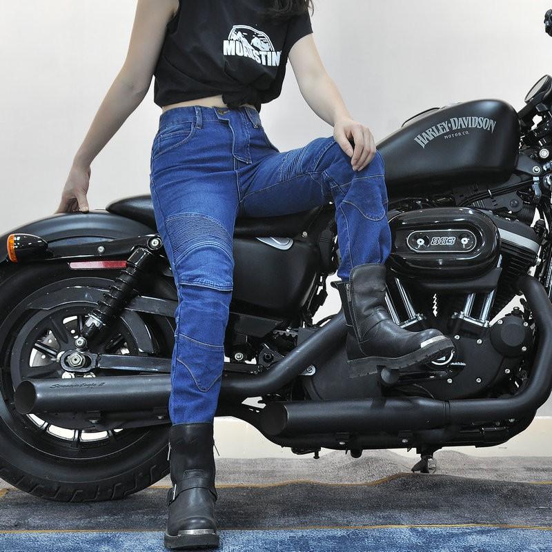 Womens Vintage Stretch Motorcycle Jeans Protective Riding Pants Motocross Racing