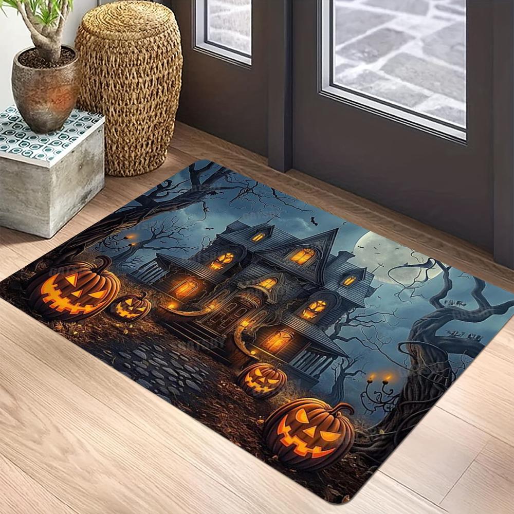 Helovino rašto durų kilimėlis Ryškūs moliūgų ir mėnesienos dizainai su šikšnosparniais ir bauginančiais medžiais Neslystantis grindų kilimėlis namų dekoravimui