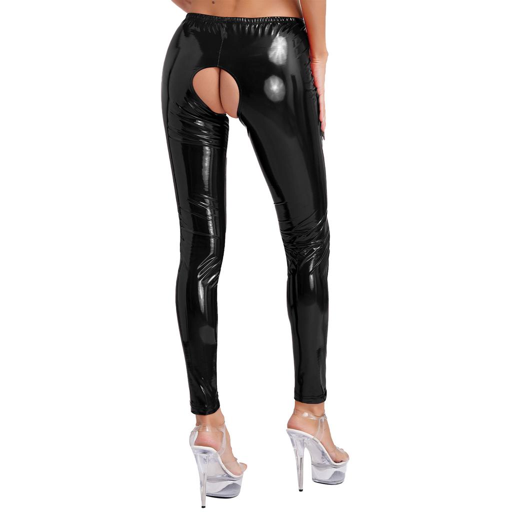 Colanți de damă din piele cu aspect umed, cu centură elastică decupate, pantaloni, pantaloni cu talie înaltă