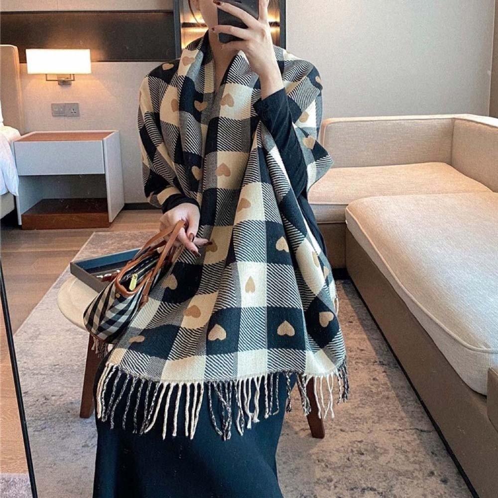 Warmer Plaid Knitted Scarf Long Tassel Shawl Gifts Heart Thickened Scarf  Winter