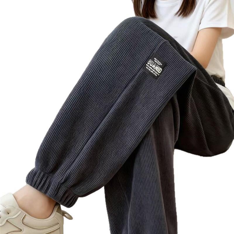 Womens Wide Leg Corduroy Jogger Pants Loose Fit 9/10 Length Elastic Cuff Casual Lounge