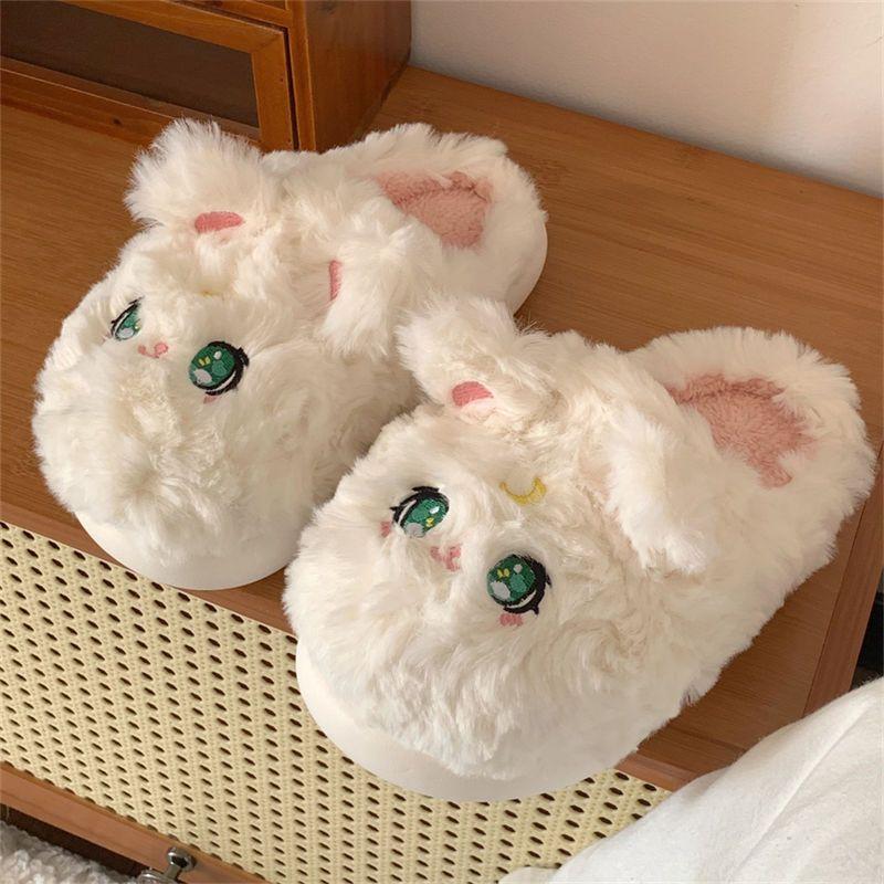 Fashion Cute Winter Plush Cat Shaped Slides Slippers Women's Cozy Feet Shoes Ladies Soft Home Furry Classic Bunny Slippers Big Size 44