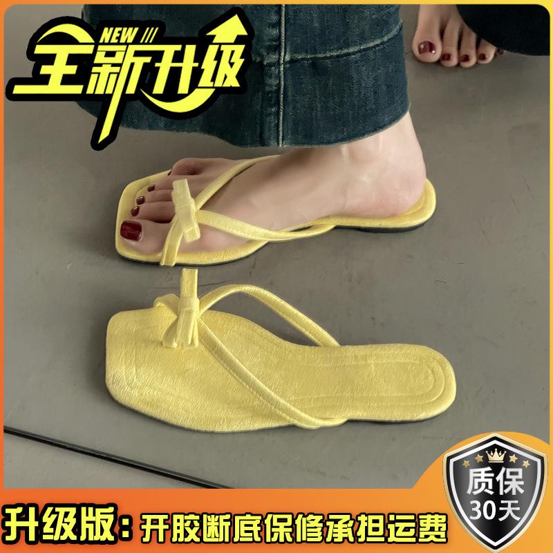 French thick heel sandals new bow cover toe cool slippers summer fairy wind vacation stepping on shit flip-flops sandals