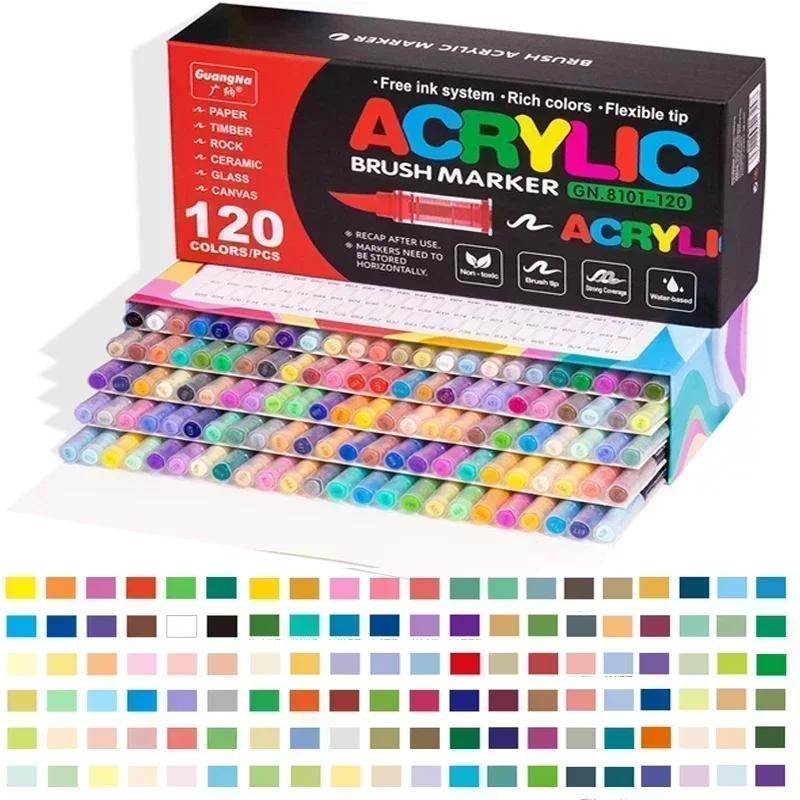 GUANGNA 168-12 Colors Acrylic Marker Pen for Rock Painting Brush Tip Paint Marker Christmas Markers Waterproof Art Supplies