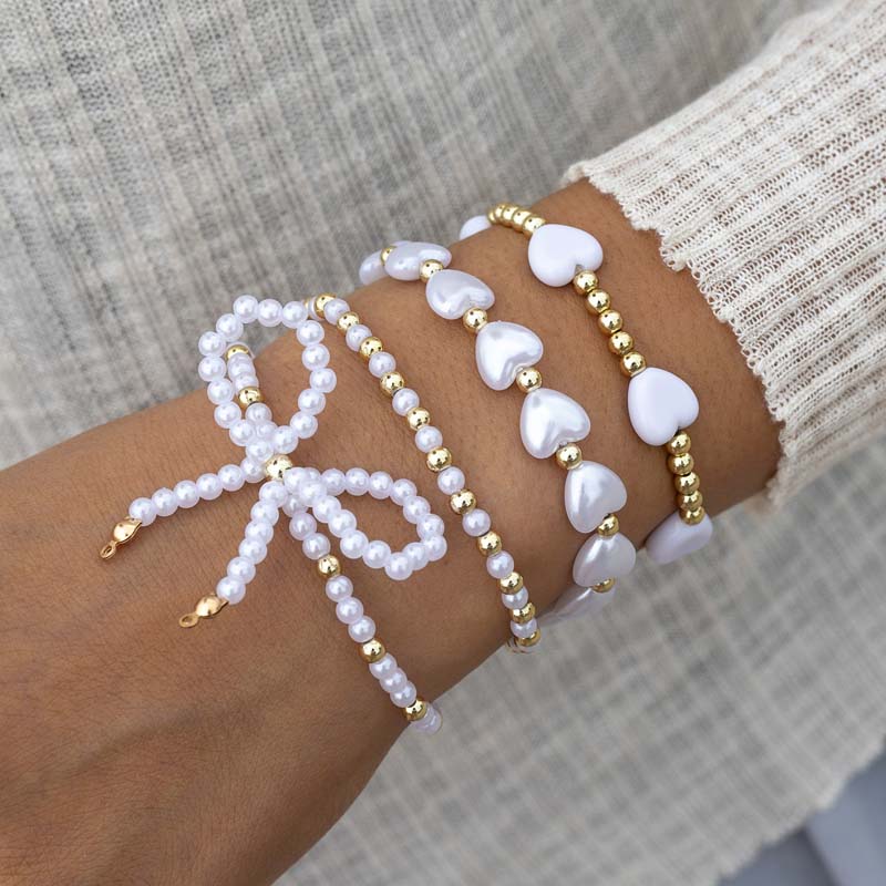 4Pcs/Set Vintage Gold Color Heart Pearl Bowknot Bracelet Set for Women Elegant Beaded Chain Bracelets Bangles Zircon Gifts