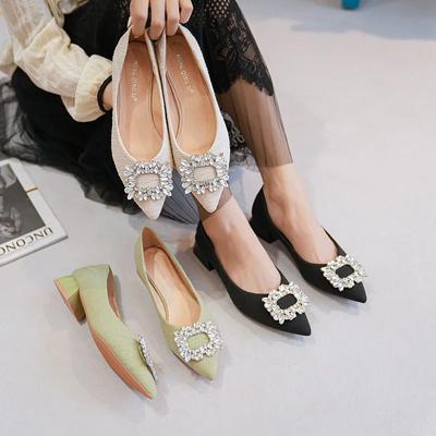 2024 Dames Pumps Schoenen Puntige Neus Strass Vierkante Gesp Blokhak Schoenen voor Dames 2024able Zwarte Werkschoenen Maat 32-43