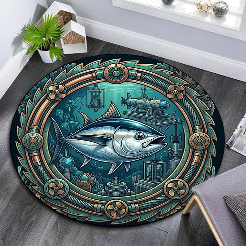 Underwater Mechanical Fish Scene Round Area Rug Under Office Chairs Bedroom Living Room Home Decor