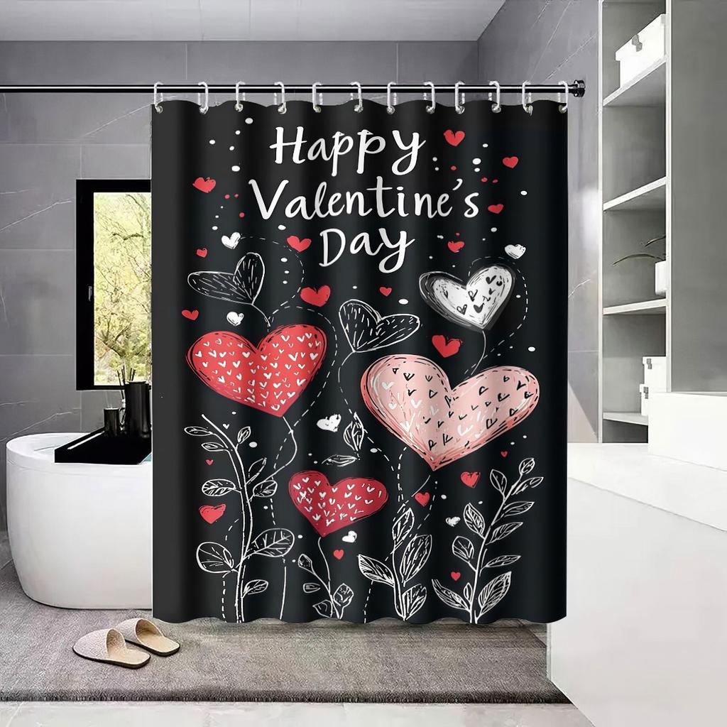 4 Stück Valentinstag Romantische Liebe Schwarz Bedrucktes Badezimmer-Set 180x180 Wasserdichter Duschvorhang Fußmatte U-förmige Toilettenmatte