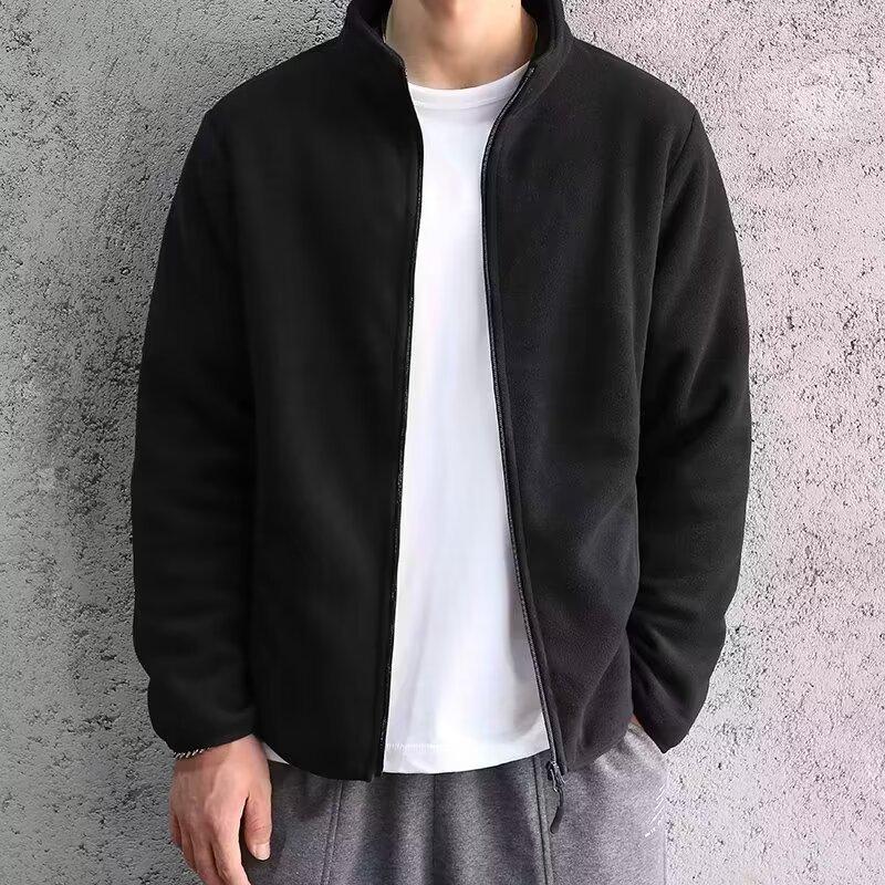 

Мужская двусторонняя куртка-кардиган из флиса шерпа с воротником-стойкой - Тяжелая, теплая, свободная, для осени/зимы. S