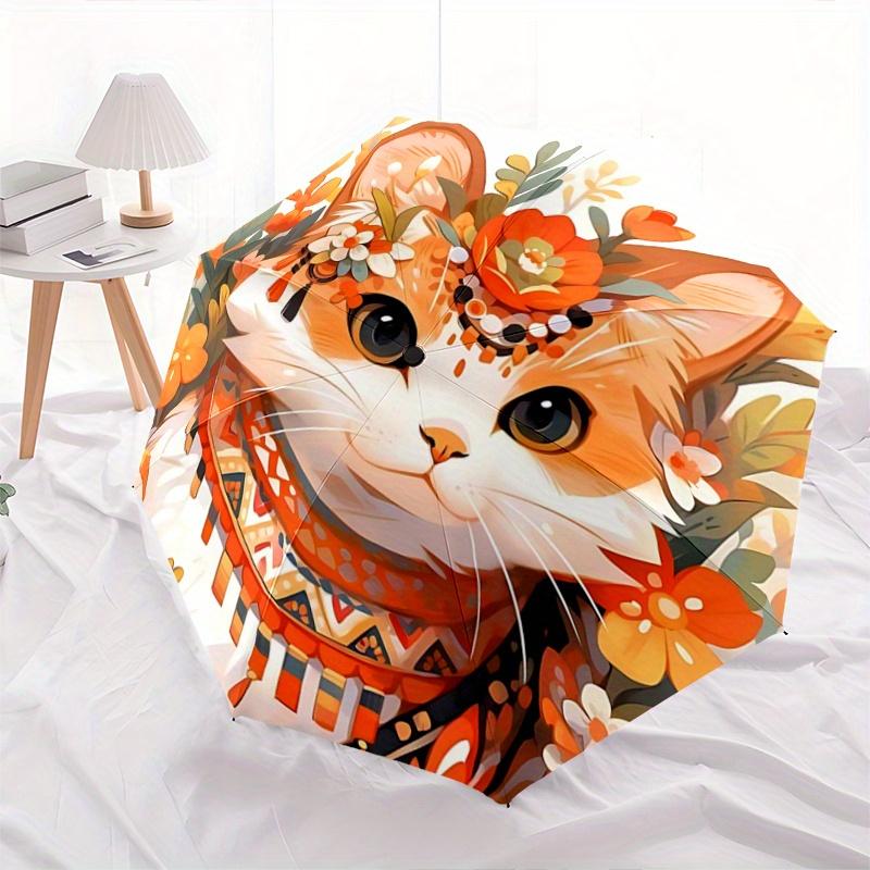 1pc Orange Cat Creative Design Durable Cartoon Folding Umbrella, Portable 3-Fold Compact Umbrella for Men and Women, Suitable for Travel or