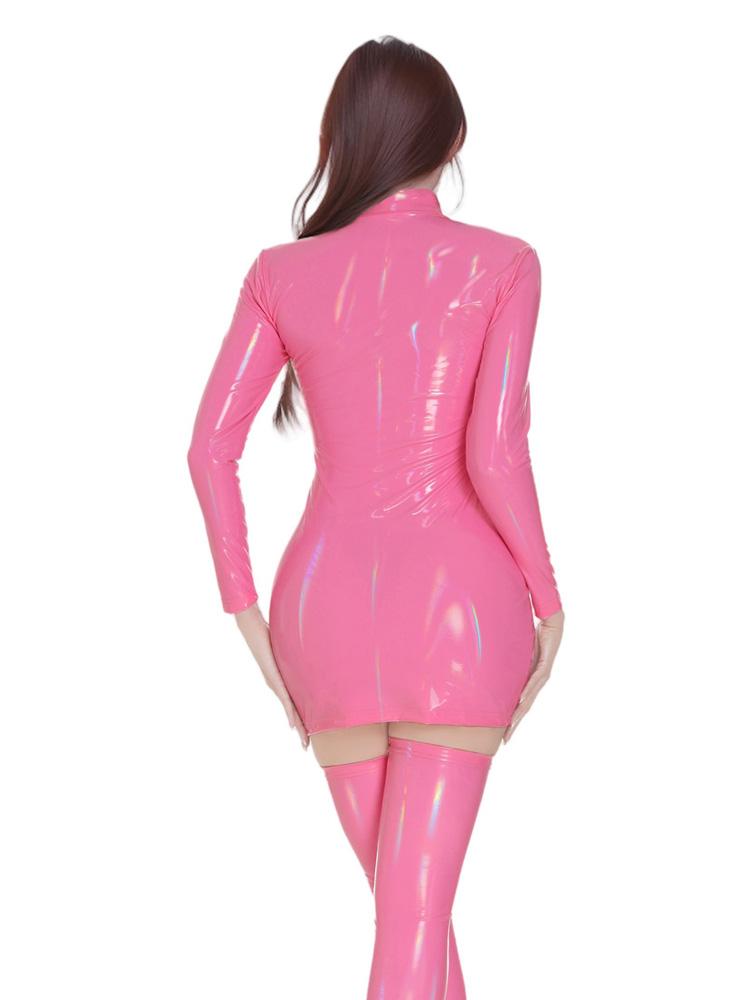 Sexy Women Pu Hollow Out Tight Pencil Dress Pvc Latex Faux Leather Shiny Micro Mini Dress Coslpay Maid Bodycon Dance Dress