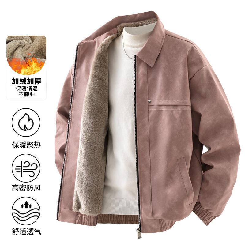 Winter velvet retro lapel leather jacket, Maillard male ruffian handsome spring and autumn jacket, velvet and thicker