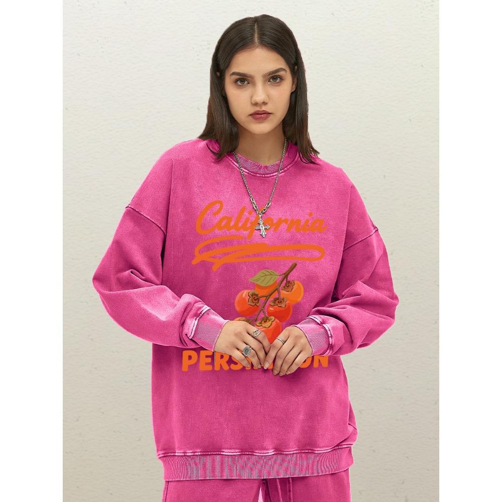 California Persimmon Fruit Art Letter Printed Women Pullovers Loose Cotton Washed Sweatshirt Soft O-Neck Top Autumn
