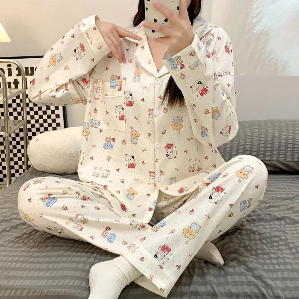 

Осенняя пижама Sember из чистого хлопка с длинными рукавами, новые милые женские пижамы с героями мультфильмов, повседневный комплект из двух предметов XL белый