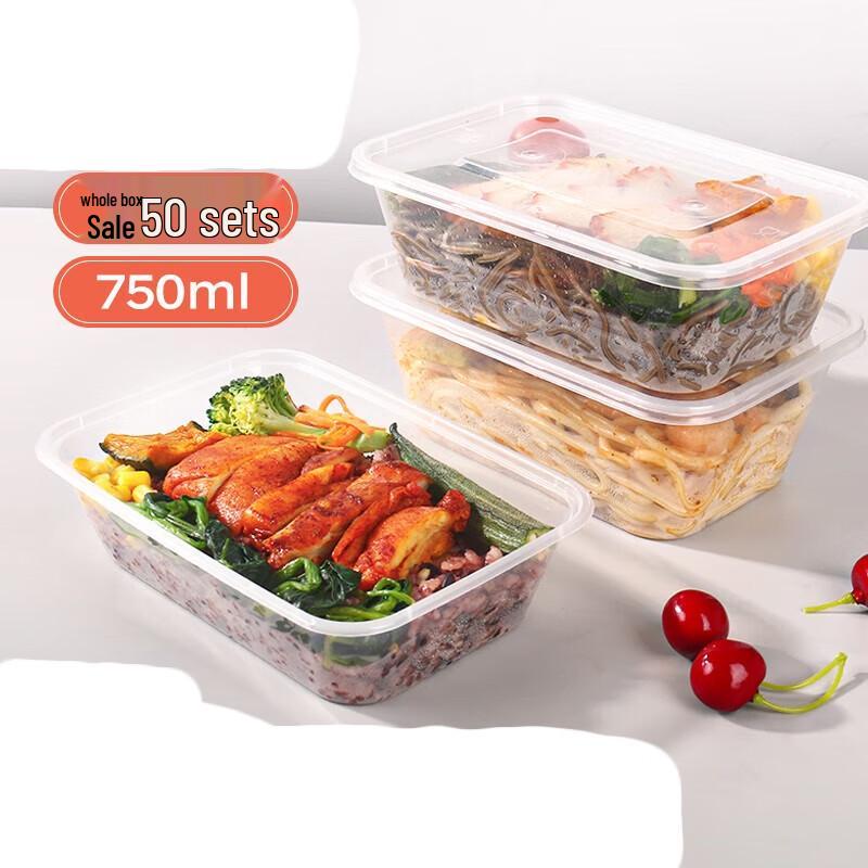 Disposable Plastic Round Lunch Box with Lid (750ml, 50-Pack)