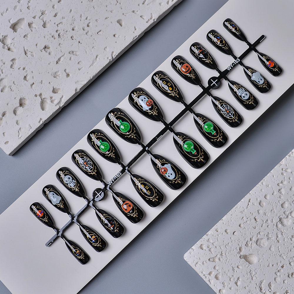 24pcs 3D Halloween Skull Ghost Almond Shape Nails - Scary Pumpkin Poison Prank False Nails