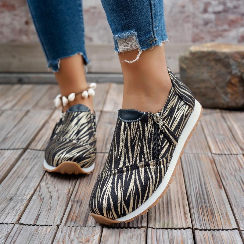 Women's Flat Shoes Autumn New Round Head Color Combination Deep Mouth Side Zipper Soft Sole Non-slip Low Top Shoes