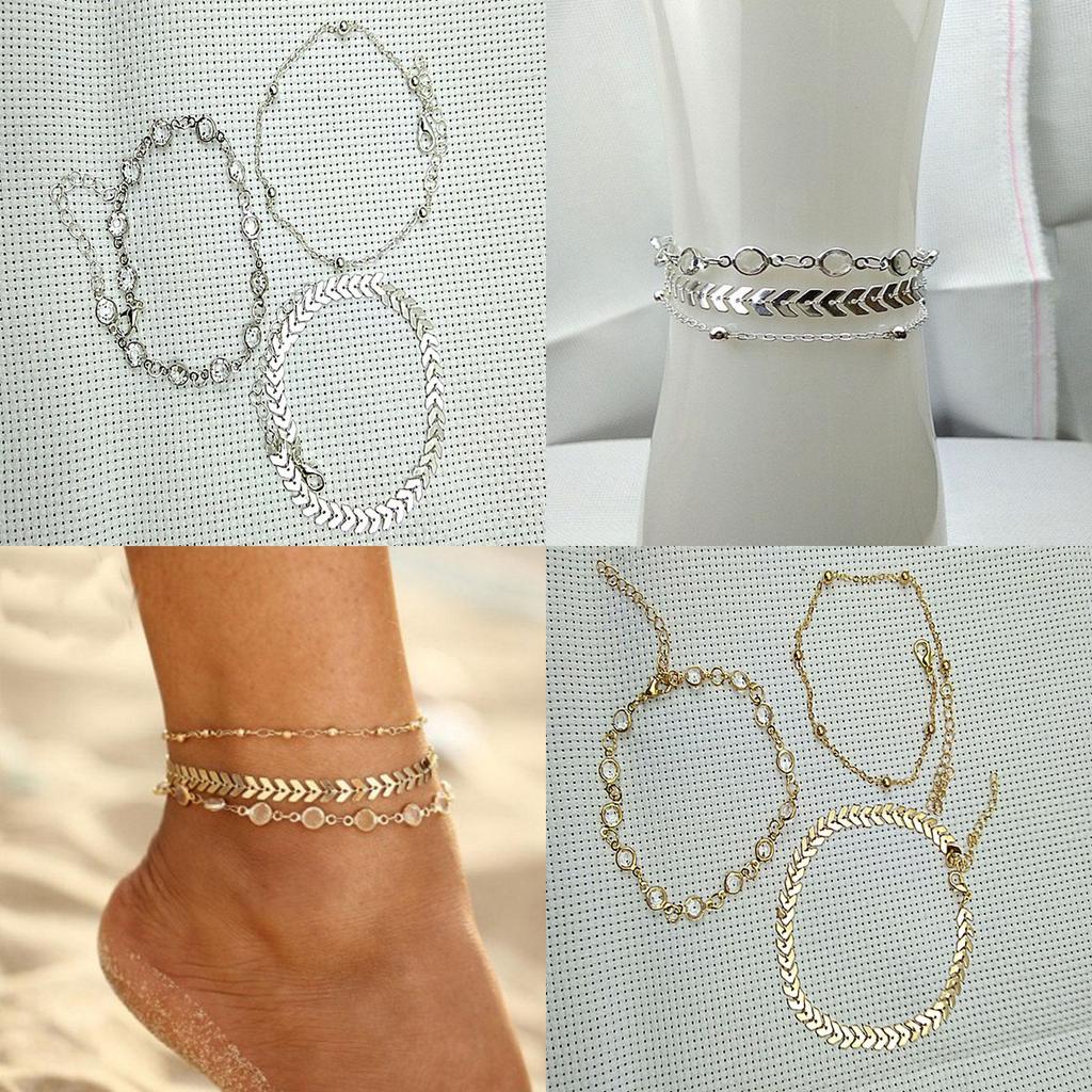 3pcs Set Of Exquisite Summer Beach Fashion Fishbone Chain Crystal Zircon Anklet
