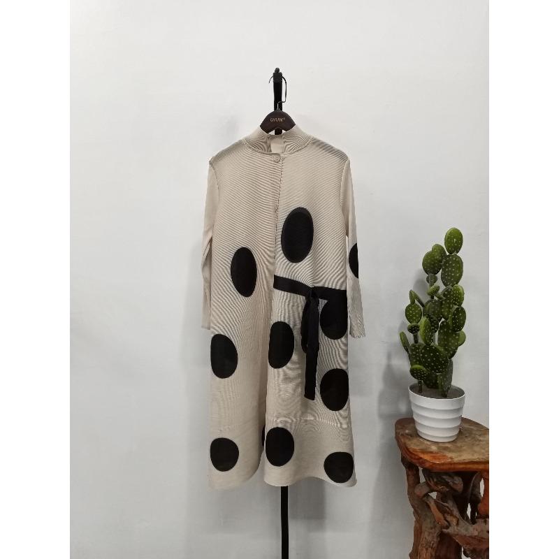 Stand Collar Pleated Dress 2023 Autumn Single Breasted Drawstring Dot Printing Festival Clothing Women Elegant