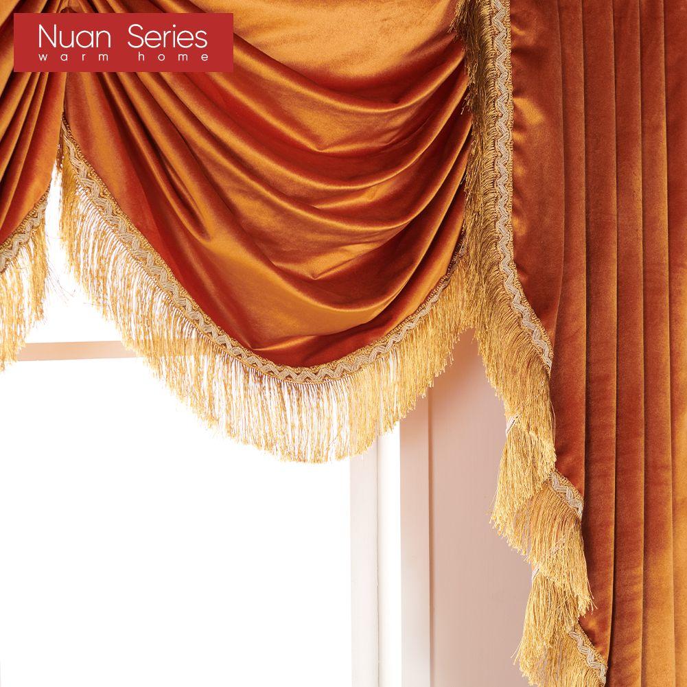 1PC Nuan Series Luxury Golden-Yellow Tassel Trim Waterfall Valance Velvet Texture Curtain For Kitchen Window Home Decor