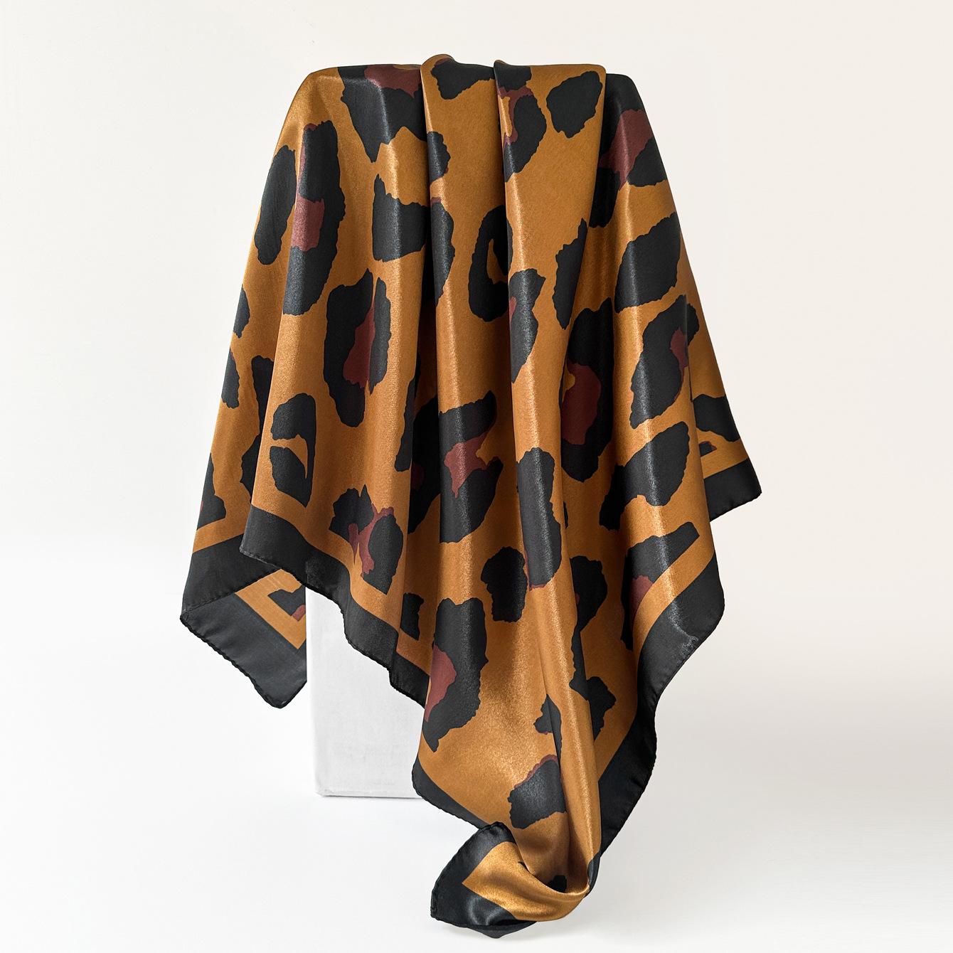 Women’s Scarf: Leopard-print, faux silk, European-style, high-end print, head-wrapping satin, large scarf 90*90cm
