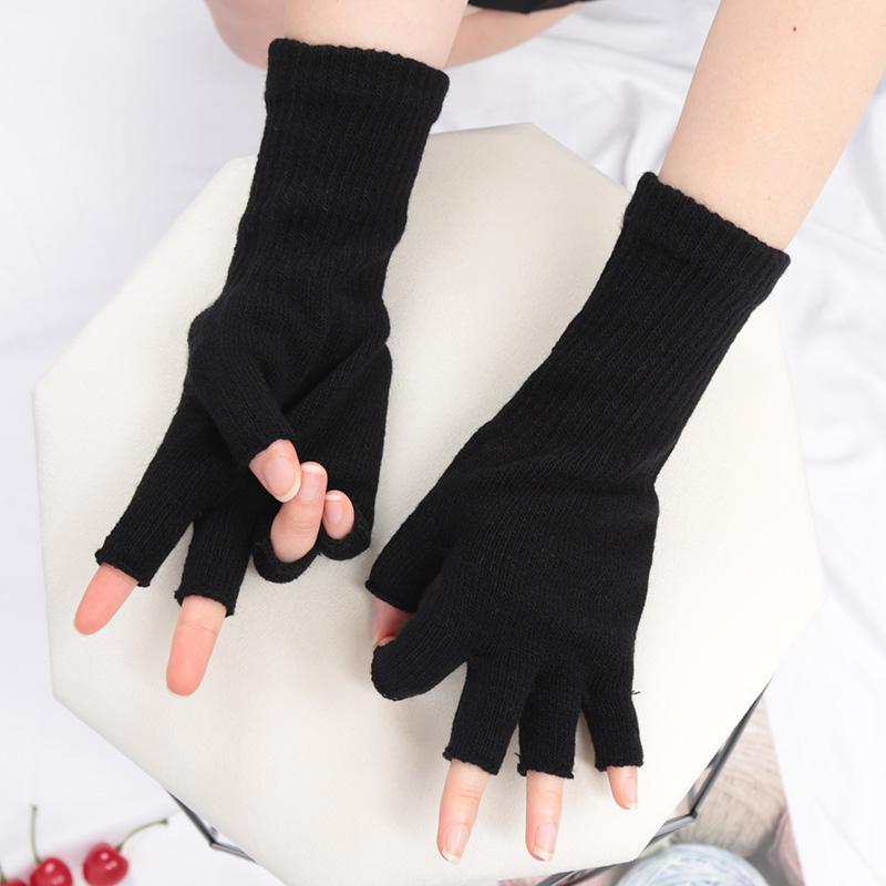 Black Knitted Gloves Winter Thermal Warm Fingerless Fashion Men Women Riding Cozy Writing Driving Work Gloves Elastic Mittens