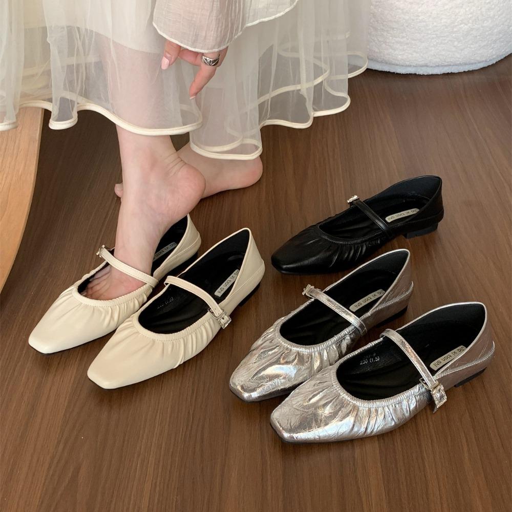 2026 Spring Silvery Women Mary Jane Shoes Comfort Street Style Soft Sole Female Dress Flats Shoes