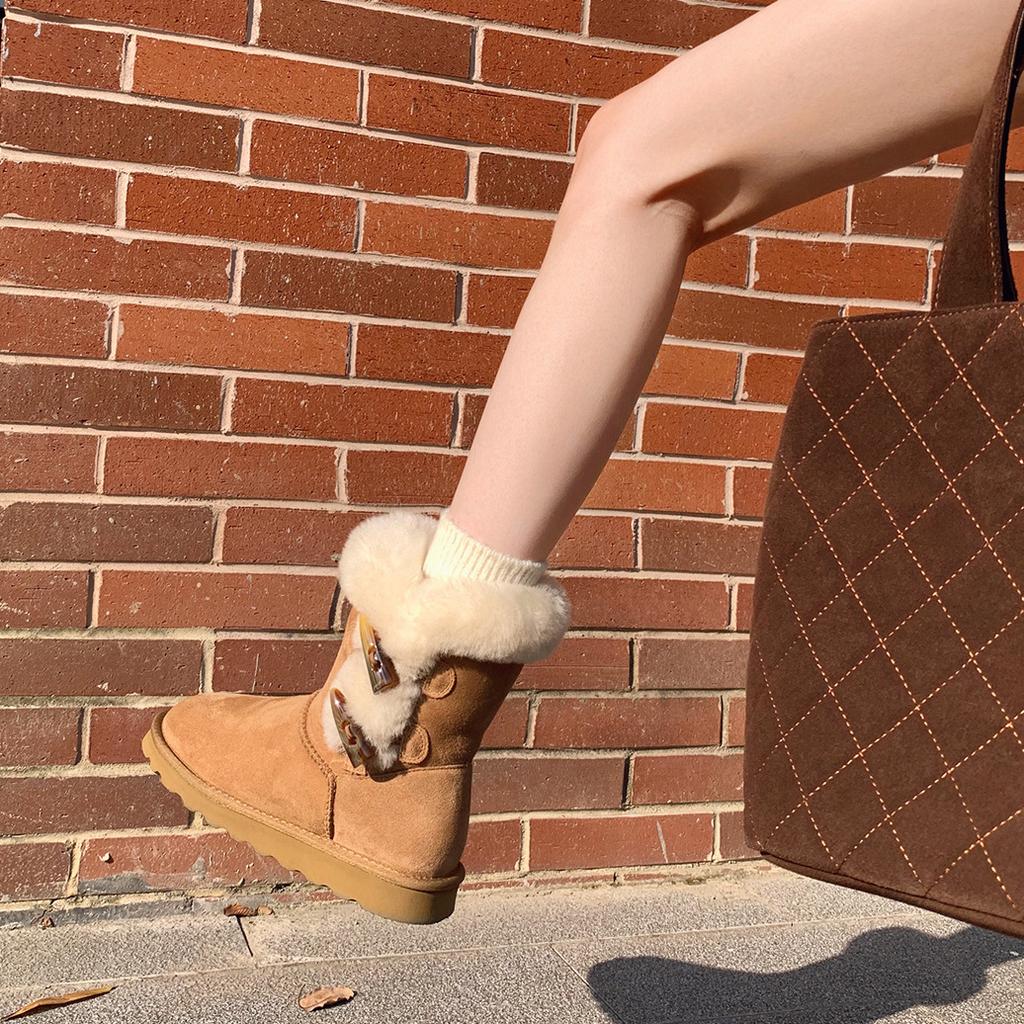 Snow boots women's 2025 new winter fur integrated horn buckle short boots children's cotton shoes non-slip warm thickened