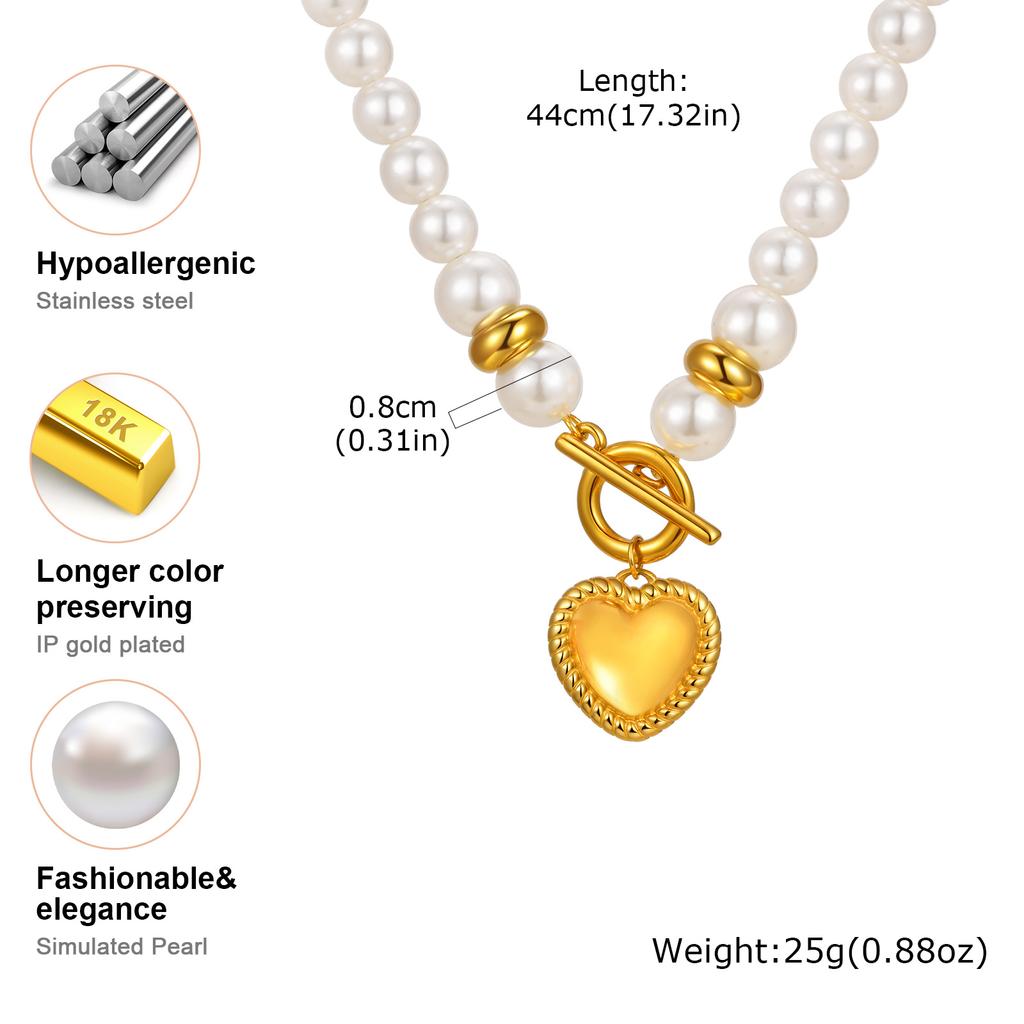 Stainless Steel Heart-shaped Pendant for Women,Imitation Pearl Beaded Chain Necklace with OT Buckle,Gold Color Jewelry Gifts