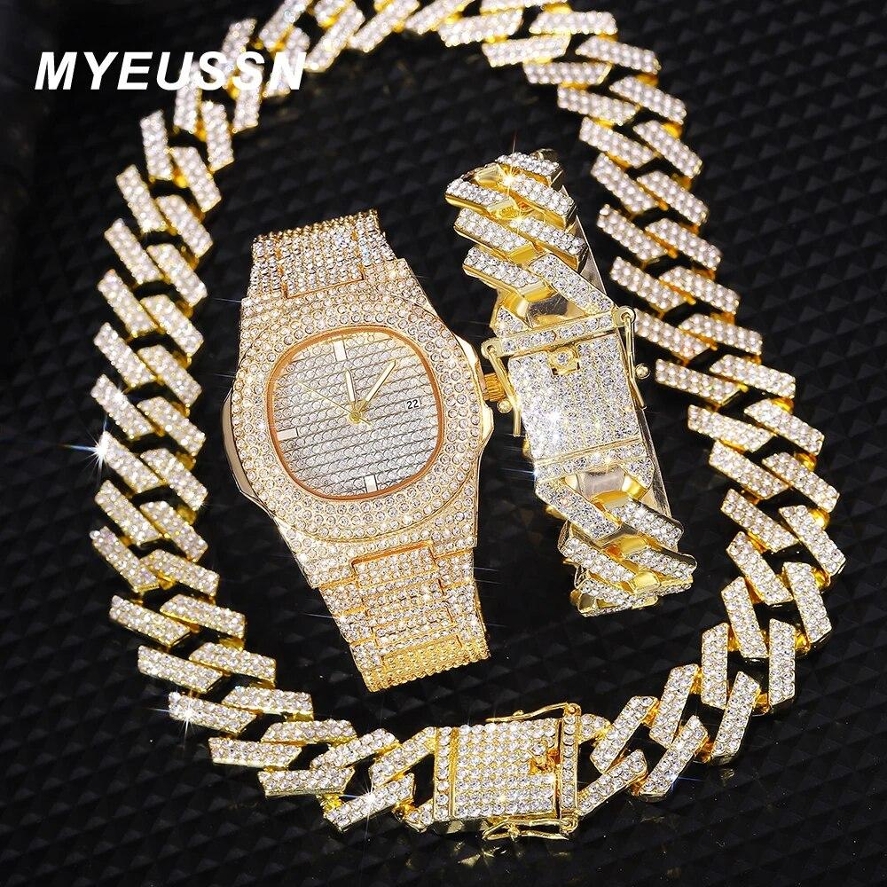 

Новые часы Iced Out, мужские кубинские звенья, браслет-цепочка, ожерелье, колье, блестящие ювелирные изделия, мужские большие золотые цепочки, комплект часов в стиле хип-хоп, панк