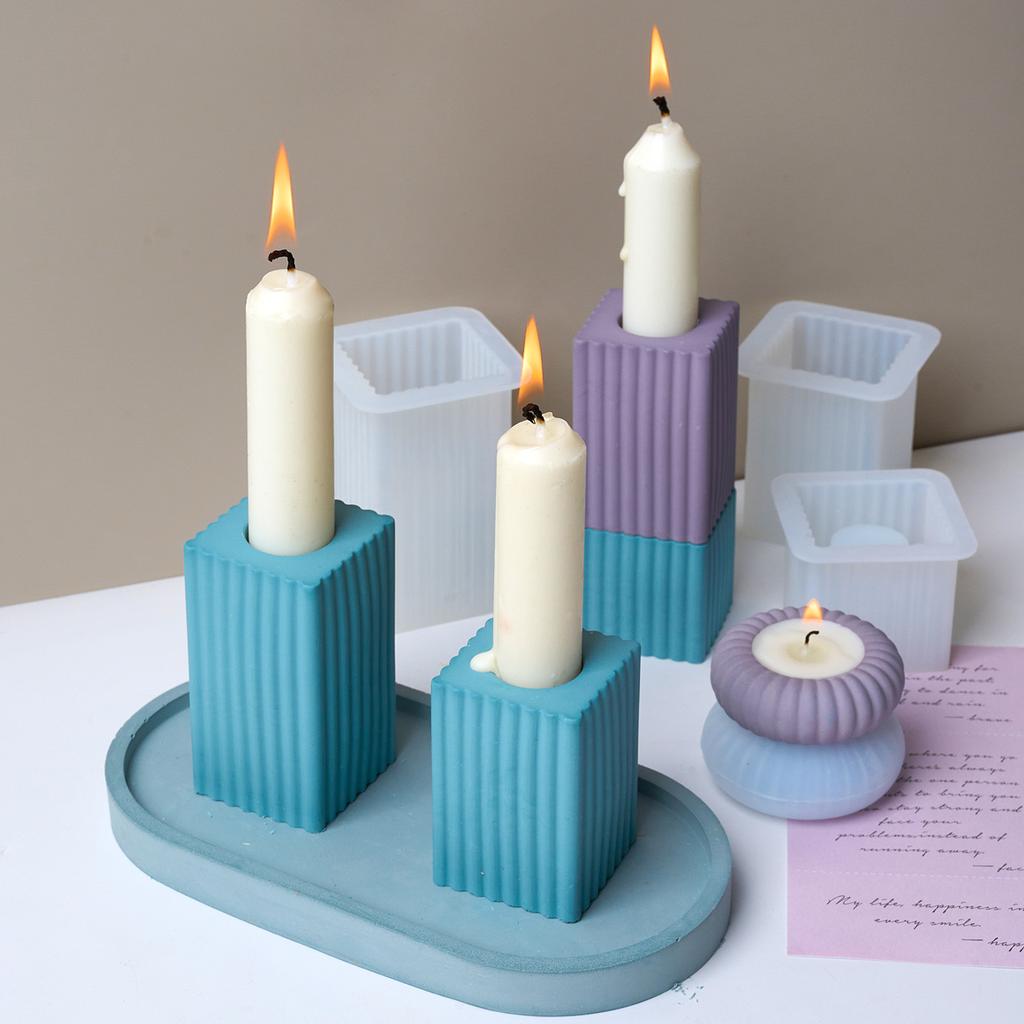 Square Striped Candle Holder Silicone Mold DIY Nordic Candlestick Ornament Making Plaster Resin Craft Casting Molds Home Decor